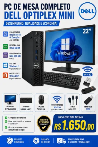 Computador Dell optiplex 3050 mini i5 8 GB RAM SSD monitor 22 polegadas