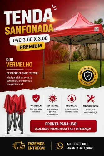 TENDA SANFONADA PVC 3,00 x 3,00 PREMIUM - VERMELHA PARA 15 PESSOAS