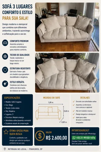 Sofá 3 lugares bege - confortável e em ótimo estado