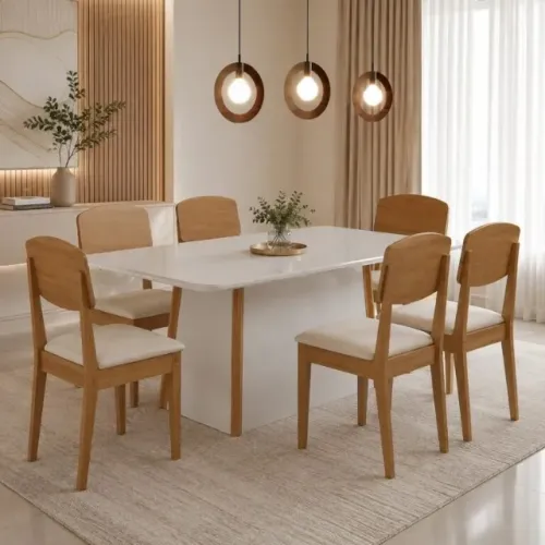 Mesa Tilia 180 Canto Copo Off White/Off White/Naturale com 6 Cadeiras Havana Veludo Creme