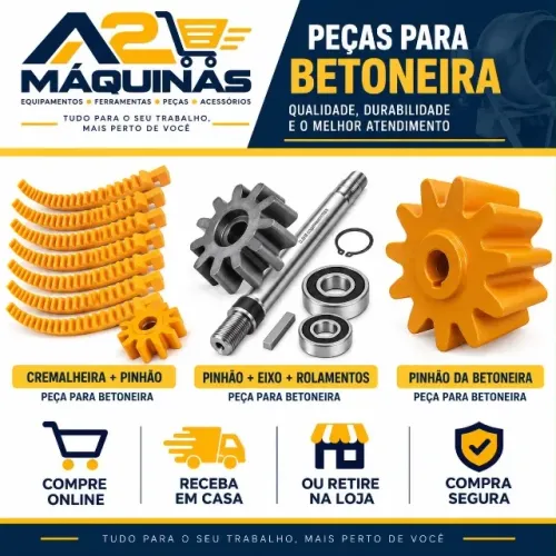 Pinhão, cremalheira, eixos e várias peças para betoneira