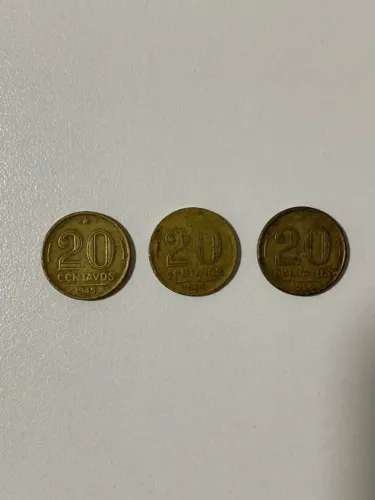 Kit com 3 moedas 20 centavos Brasil - 2 ano 1945 e 1 ano 1950