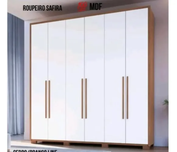Guarda-Roupa Safira MDF 6 Portas Branco/Cedro