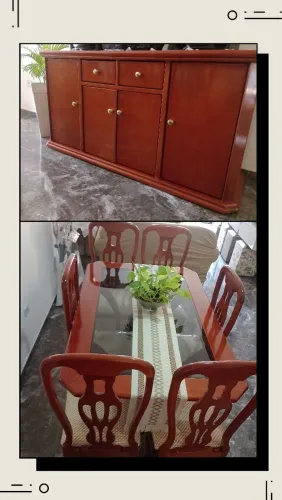 Jogo de Mesa de Jantar e buffet em Madeira Maciça