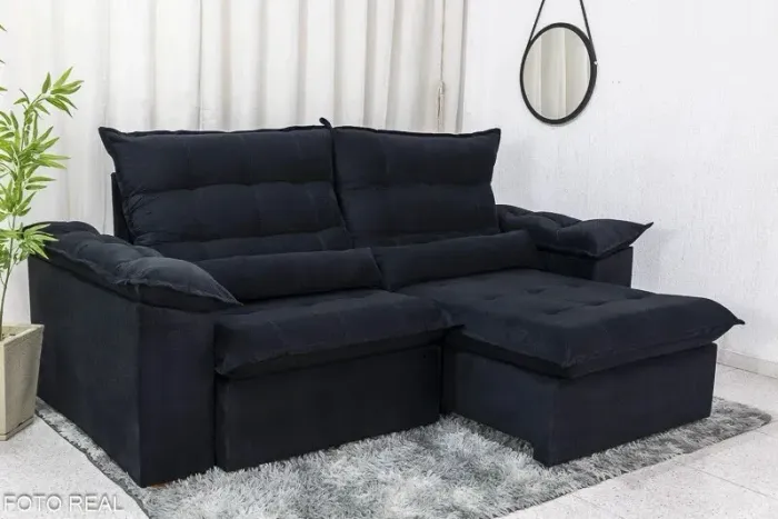 Sofá Retrátil Reclinável Emanuelly 2.30m Veludo Preto rf76