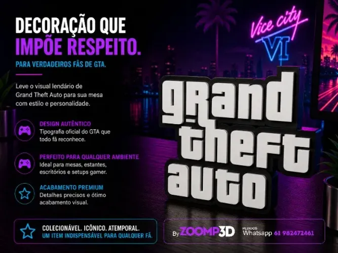 Letreiro Gamer Grand Theft Auto - Decoração Geek