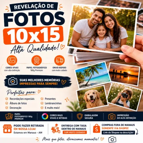 REVELAÇÃO DE FOTOS 10X15 90 UNIDADES