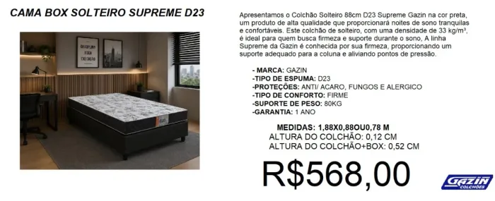 Cama box solteiro com colchão espuma d23 gazin supreme - frete gratuito