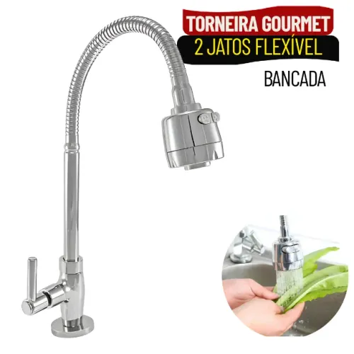 Torneira Gourmet de Bancada para Cozinha com Bica Flexível em ABS e Jato Duplo - SCS13