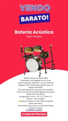 Bateria RMV Compacta + Rack. Som gigante! Cabe no porta-malas. Ideal p/ bares e igrejas.