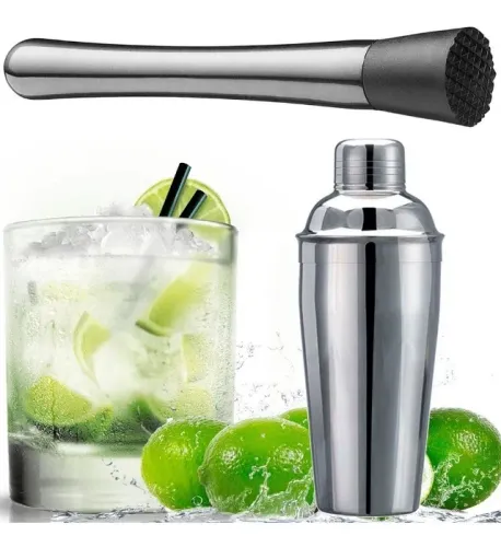 Coqueteleira Aço Inox 550ml + Socador Caipirinha Bartender Cinza