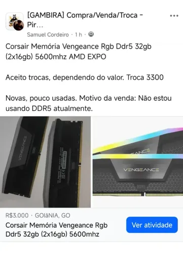 Memória Ram Corsair Vengeance Rgb Ddr5 32gb 2x16 5600mhz