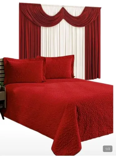 Kit cortina 2 metro + cobre leito casal padrão 3 peças