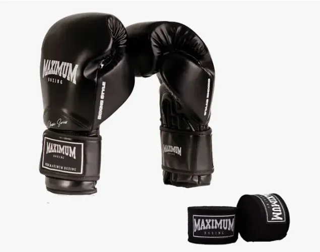 Luva De Boxe e Muay Thai Classic MAXIMUM Cor PRETA + Bandagem Maximum Preta 3M