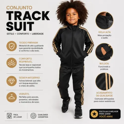 Conjunto Track Suit Infantil Preto e Dourado Confortável e Moderno