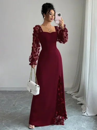 Vestido de Festa Bordado em Tule na cor Vinho para Casamento ou Formatura, Coquetel.