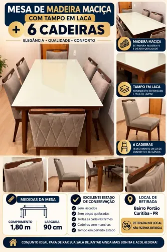 Mesa de Madeira Maciça com Tampo em Laca + 6 Cadeiras em Suede