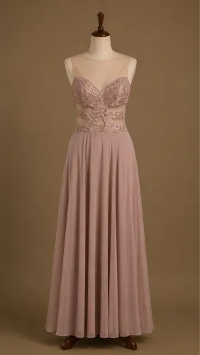 Vestido Rosé com Transparências e Bordados