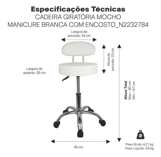 Cadeira Mocho C/ Encosto Giratório Massagista Plus Evolux Cor Branco
