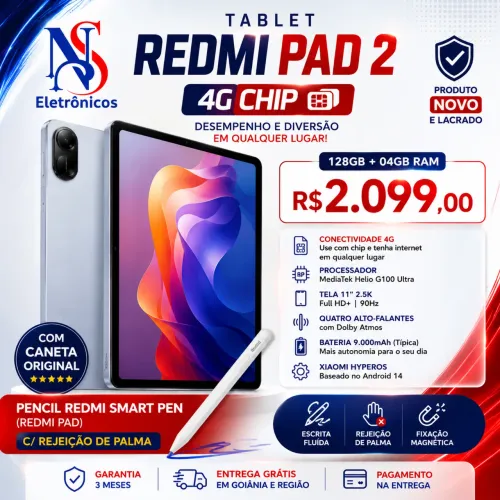 Tablet Redmi Pad 2 4G(CHIP) 128GB 04GB RAM Novo Caneta Orginal Capa Película