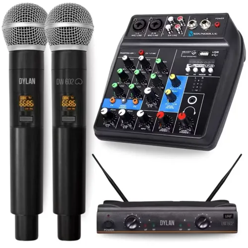 Promoção! Microfone Duplo Dylan Sem Fio Com Maleta + Mesa de Som 4 Canais Bluetooth