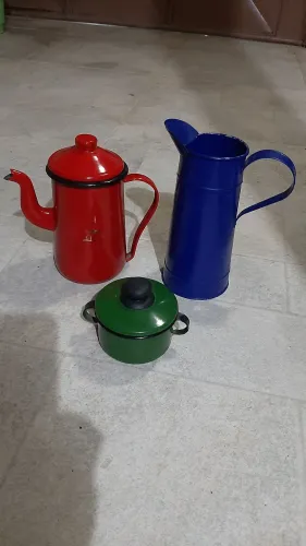 Kit Cozinha Rústica Esmaltada Ágata - Bule Ewel + Jarra + Mini Panela