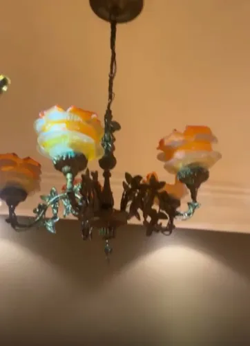 Lustre Antigo Vintage em Bronze com 5 Cúpulas de Vidro Formato Flor / Rosa