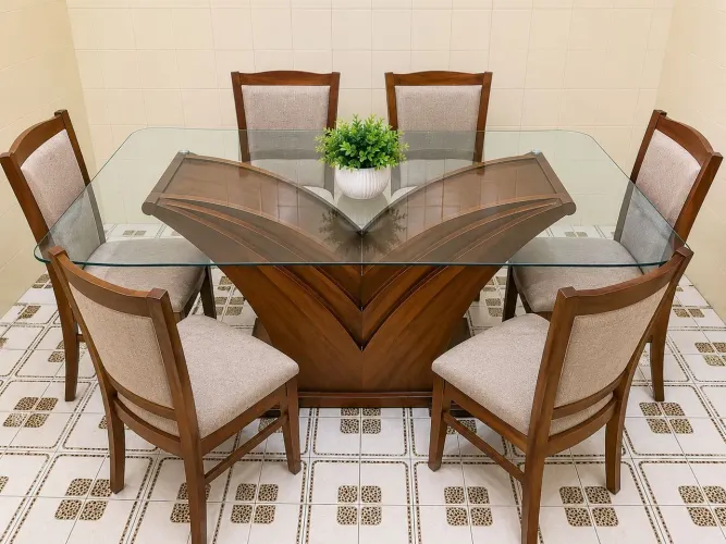 Mesa com tampo de vidro para 6 cadeiras. Puro Luxo e requinte