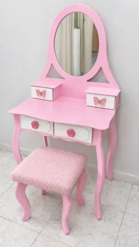 PENTEADEIRA INFANTIL ROSA COM ESPELHO E BANQUETA