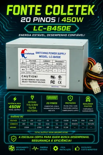 Fonte Coletek 20 Pinos 450W LC-B450E