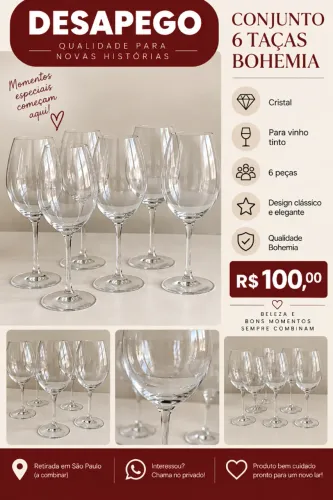 Jogo com 06 taças de vinho tinto, em cristal Bohemia