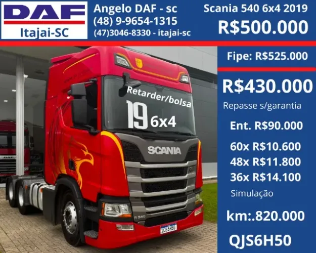 Scania R540 6x4 2019 - retarder - bolsa 