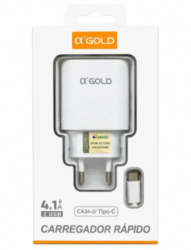 Carregador Turbo 4.1A A'Gold Original 2 USB + Cabo Tipo C Carga Rápida