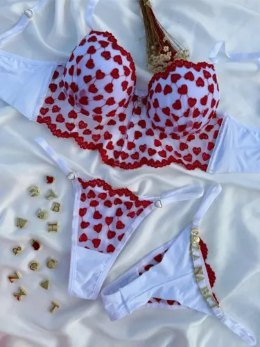Conjunto feminino com bojo - Branco com Vermelho