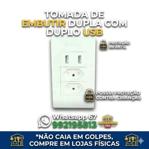 Tomada de Embutir Dupla + 2 Entradas USB Cod: 0176