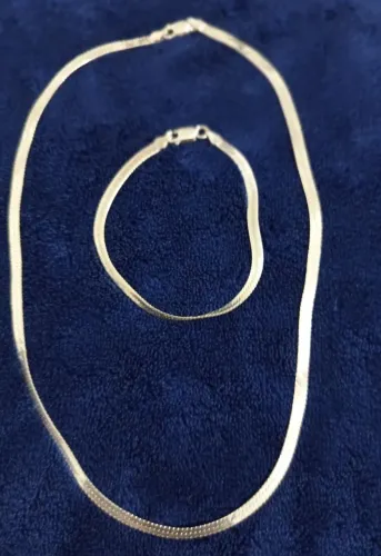 Conjunto em Prata 925 Legítima - Colar Fita Macetado 45cm + Pulseira 25cm