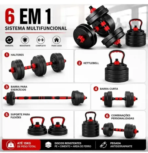 Kit Halteres Ajustável 6 em 1 15kg Multifuncional com Barra