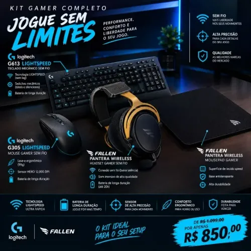 Kit Gamer Completo Logitech + Head Fallen Pantera + Mouse Pad Fnatic