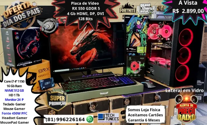 PC Gamer Completo - Core i7 -(16 Gb Ram)-(Nvme 512Gb + HD 1Tb- Monitor 24P- Placa de Vídeo