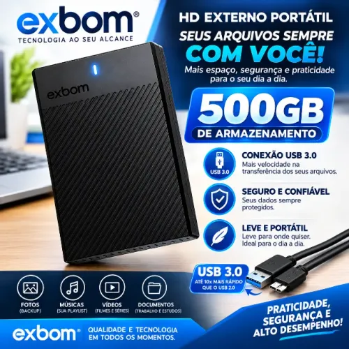 HD Externo Exbom 500GB USB 3.0 Portátil - Alta Velocidade para PC, Notebook e Consoles