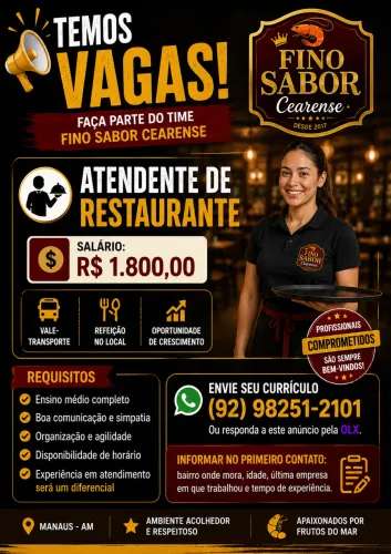 VAGA ATENDENTE DE RESTAURANTE - PRÓXIMO AO Parque dez