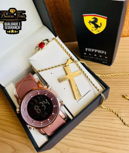 Kit de Presente: Relógio, Cruz e Anel Folheados