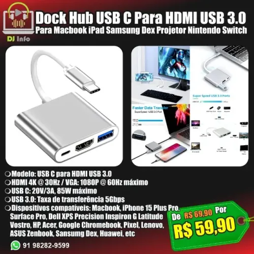 Dock Hub USB C Para HDMI USB 3.0 Para Macbook iPad Samsung Dex Projetor Nintendo Switch