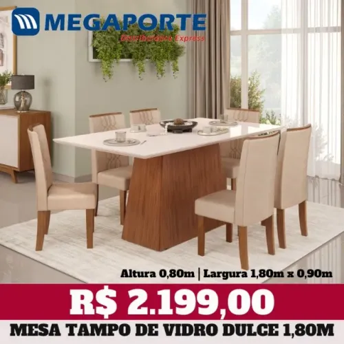 Mesa de Jantar 6 Cadeiras Tampo de Vidro 1,80m (Novo) Entrega Grátis!
