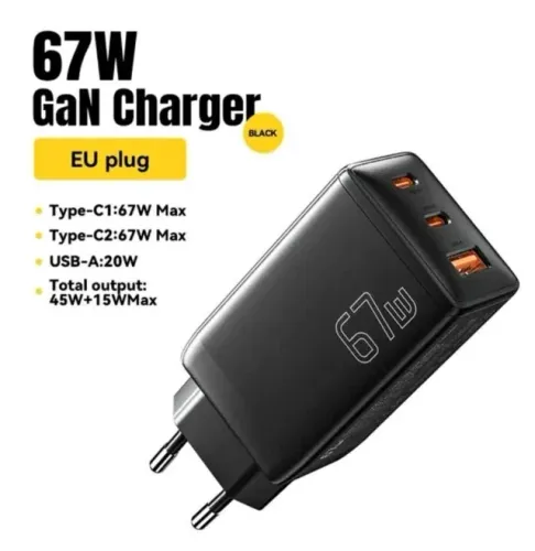  Fonte Carregador Essager GaN 67W com 3 Saídas (USB-C e USB-A)