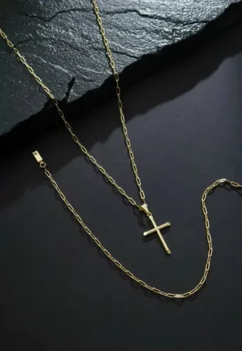 Corrente Cartier 1mm Banhada a Ouro 18K + Pulseira + Pingente Crucifixo