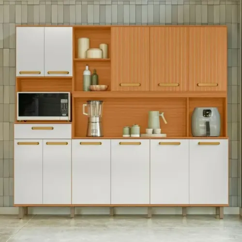 Cozinha Pilar Design Sofisticado Com 11 Portas E Acabamento Ripado Em Freijó Uv/Off White