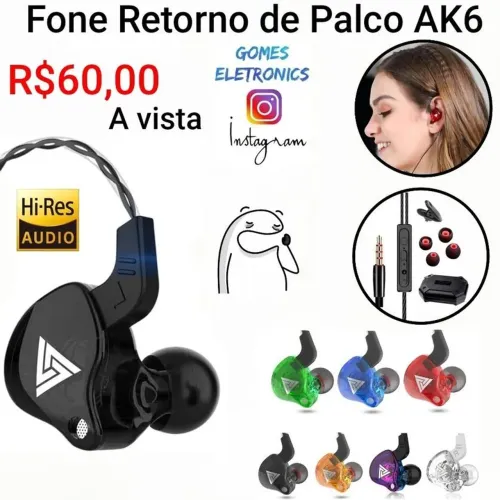 Fone de ouvido ak6 Retorno de Palco Com microfone Modelo -  Original ( Loja Fisica )
