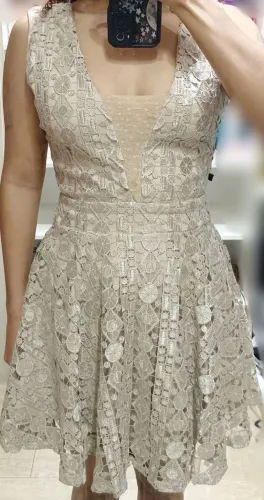 Vestido Festa Annajullya Renda Guipir Champagne Nude