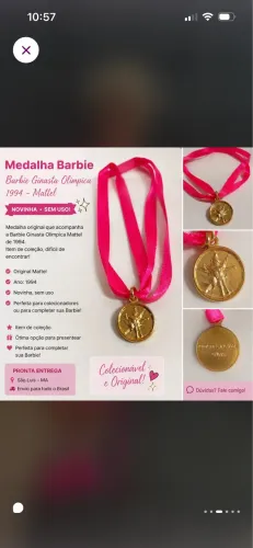 Medalha da Barbie ginasta de 1993 original e nova raríssima